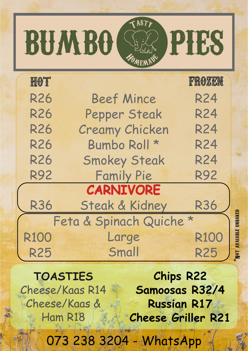 Bumbo Pies Spyskaart